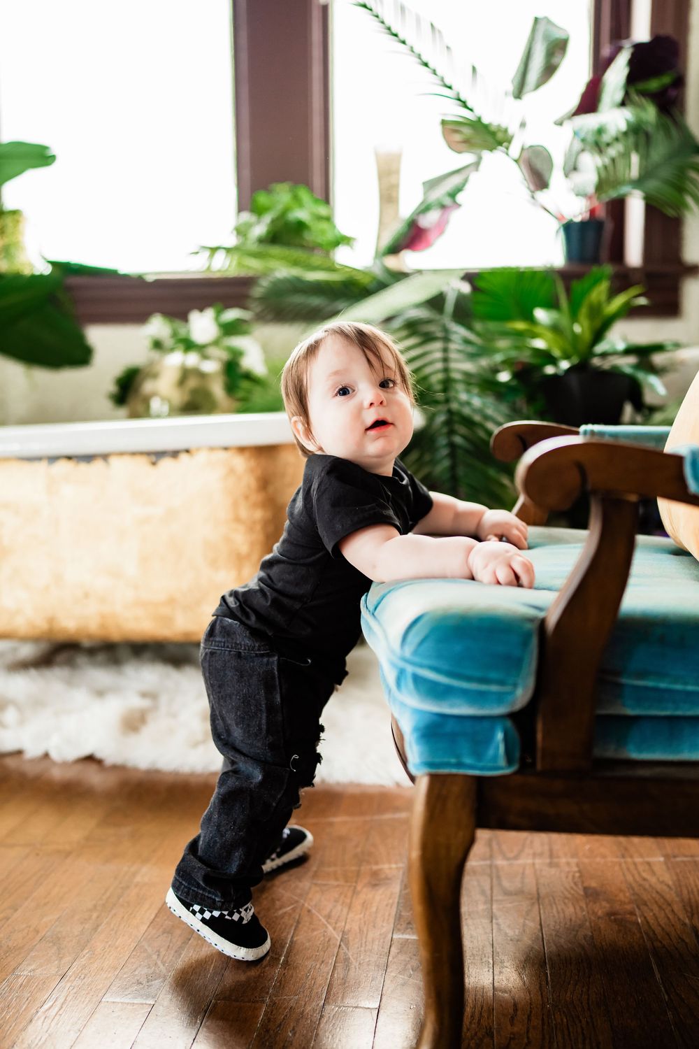 A baby in a black outfit pulls up to stand against a teal velvet chair surrounded by lush indoor plants.