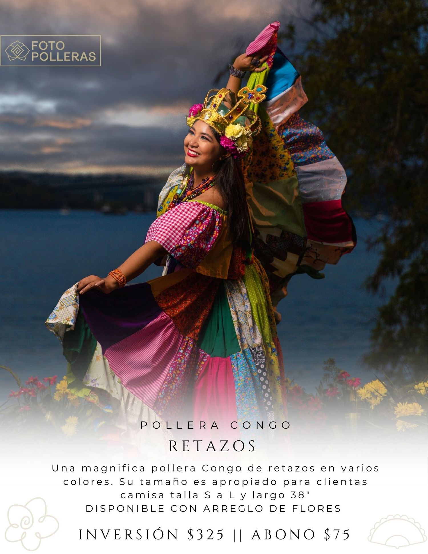 mujer con una pollera blanca de organza y tembleques de colores en atardecer en el casco antiguo
