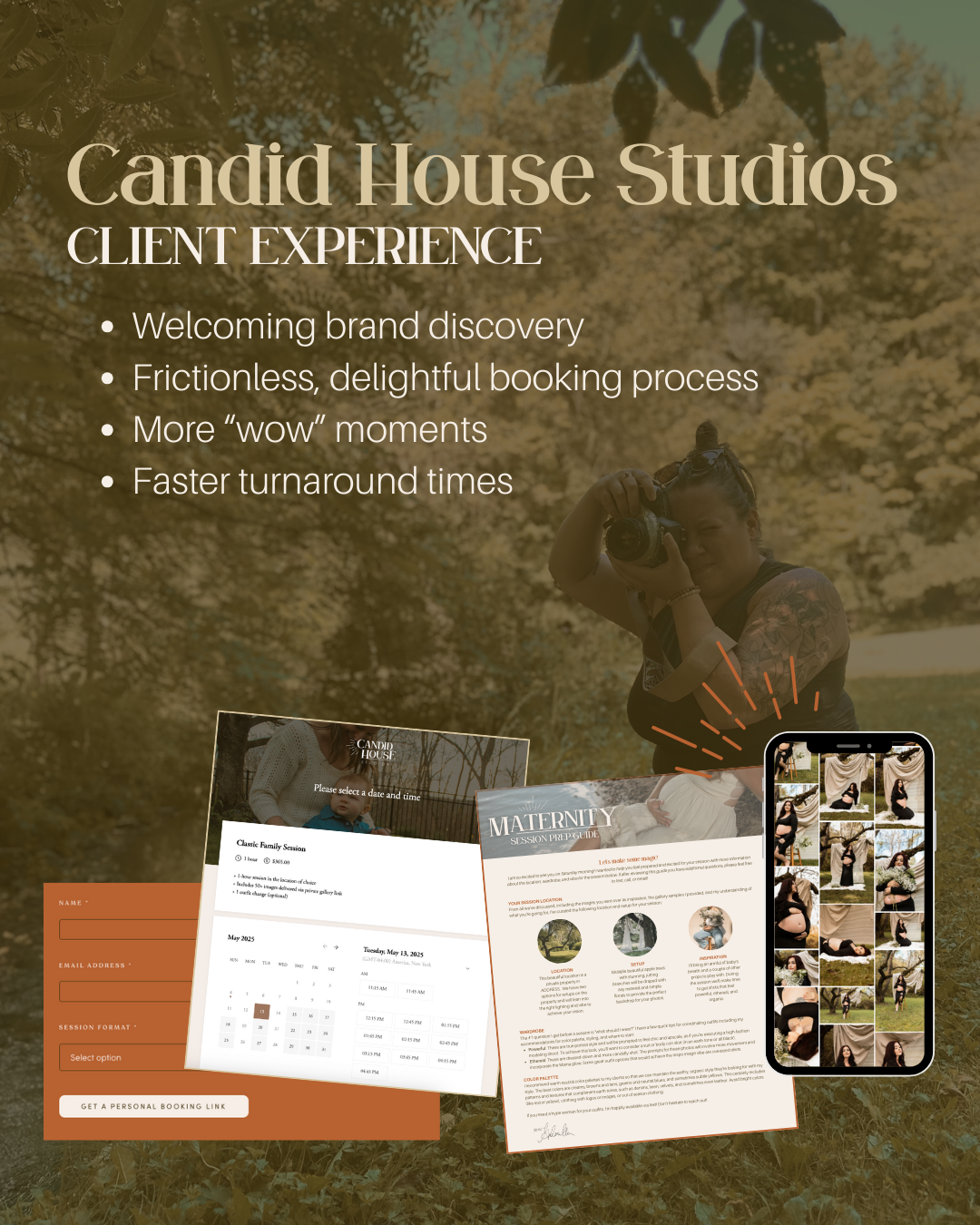Marketing image showing Candid House Studios client experience features with booking forms and photo galleries on devices.