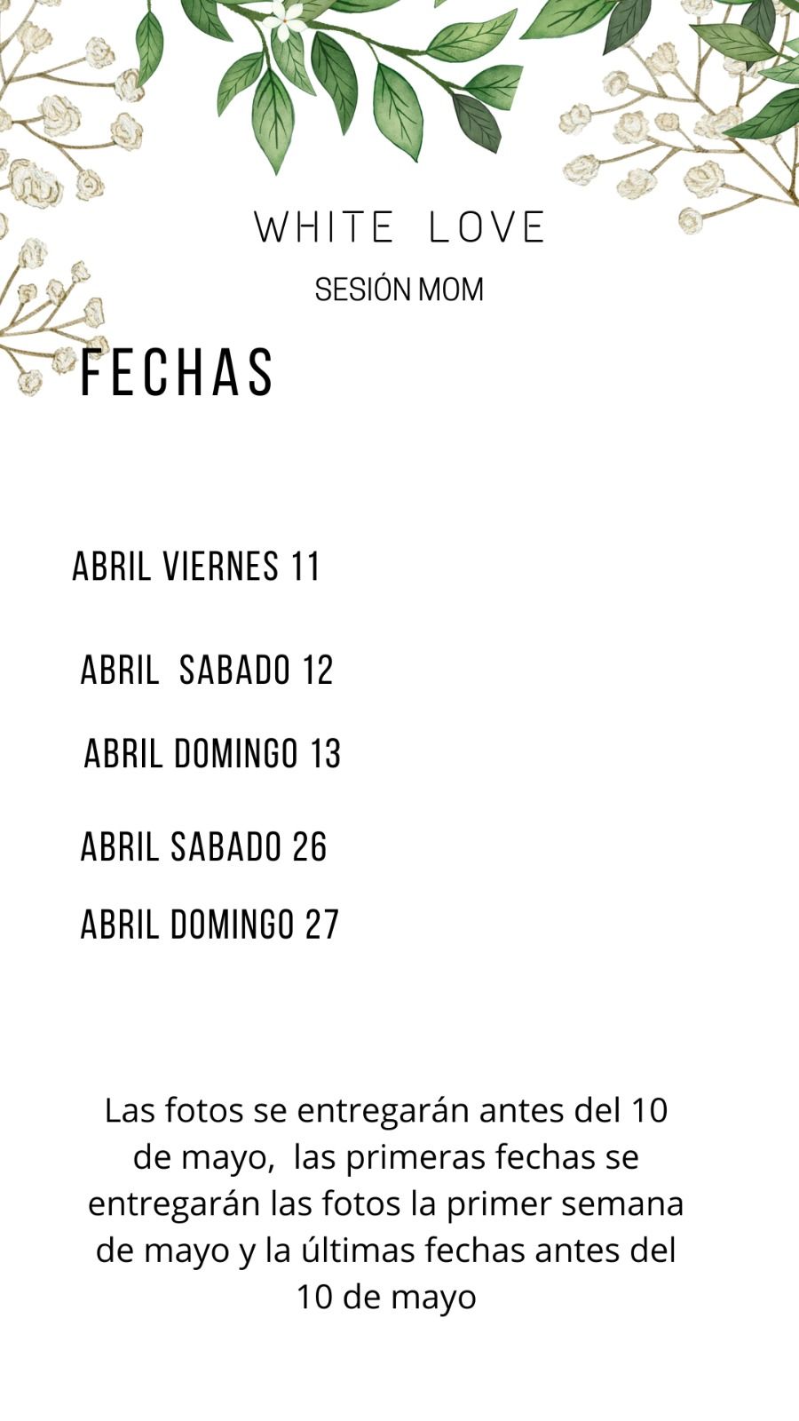 White floral themed photography session schedule showing April dates with green leaves and beige flower design elements.