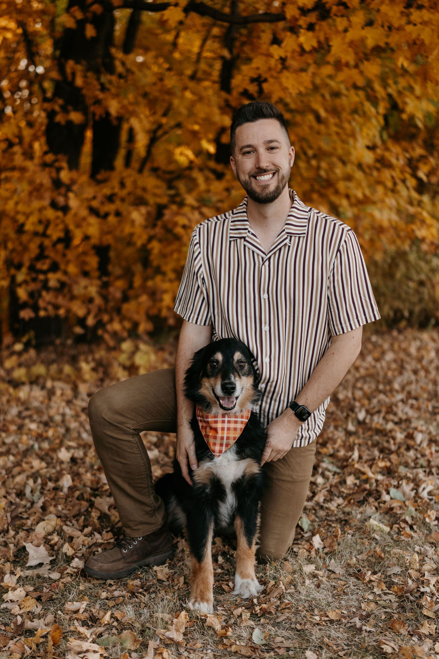 An autumn portrait with a dog wearing a bandana against golden fall foliage.
