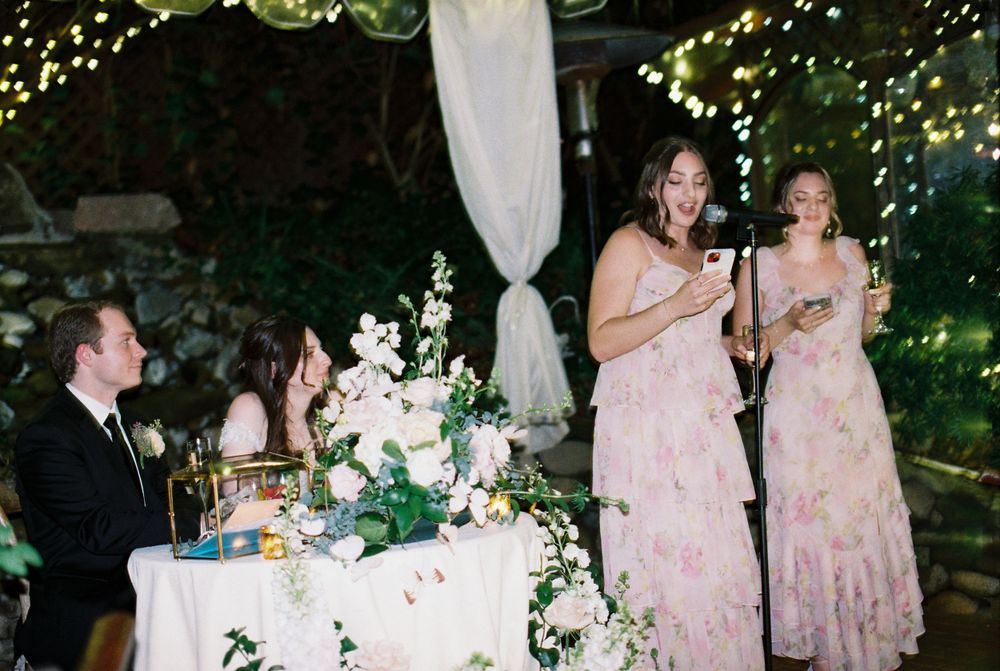 bridesmaids give toast at reception on 35mm film
