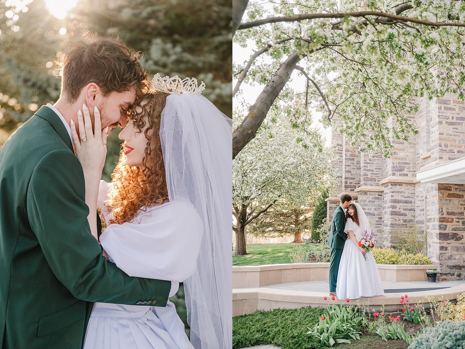 Two romantic wedding photos show couples embracing outdoors with blooming spring trees and golden sunlight.