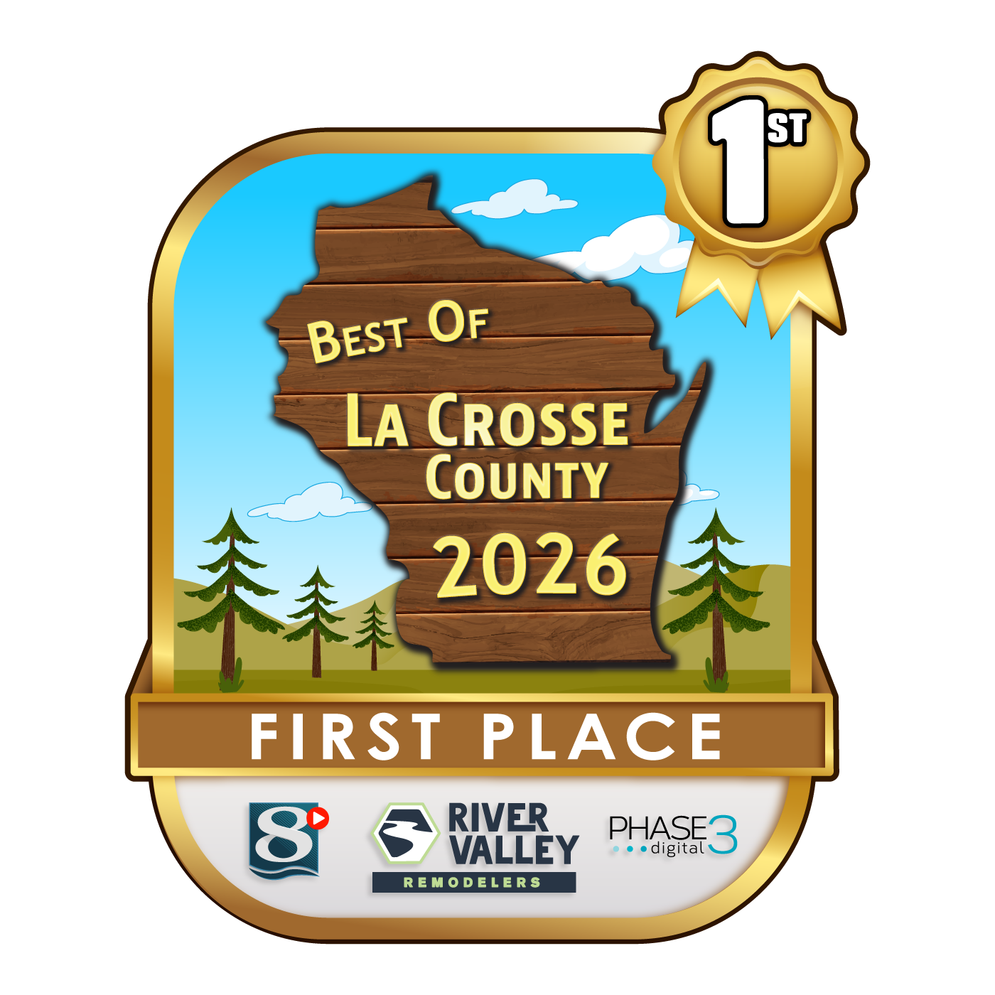 La Crosse County bike trail badge with 3rd place ribbon in orange and blue design.