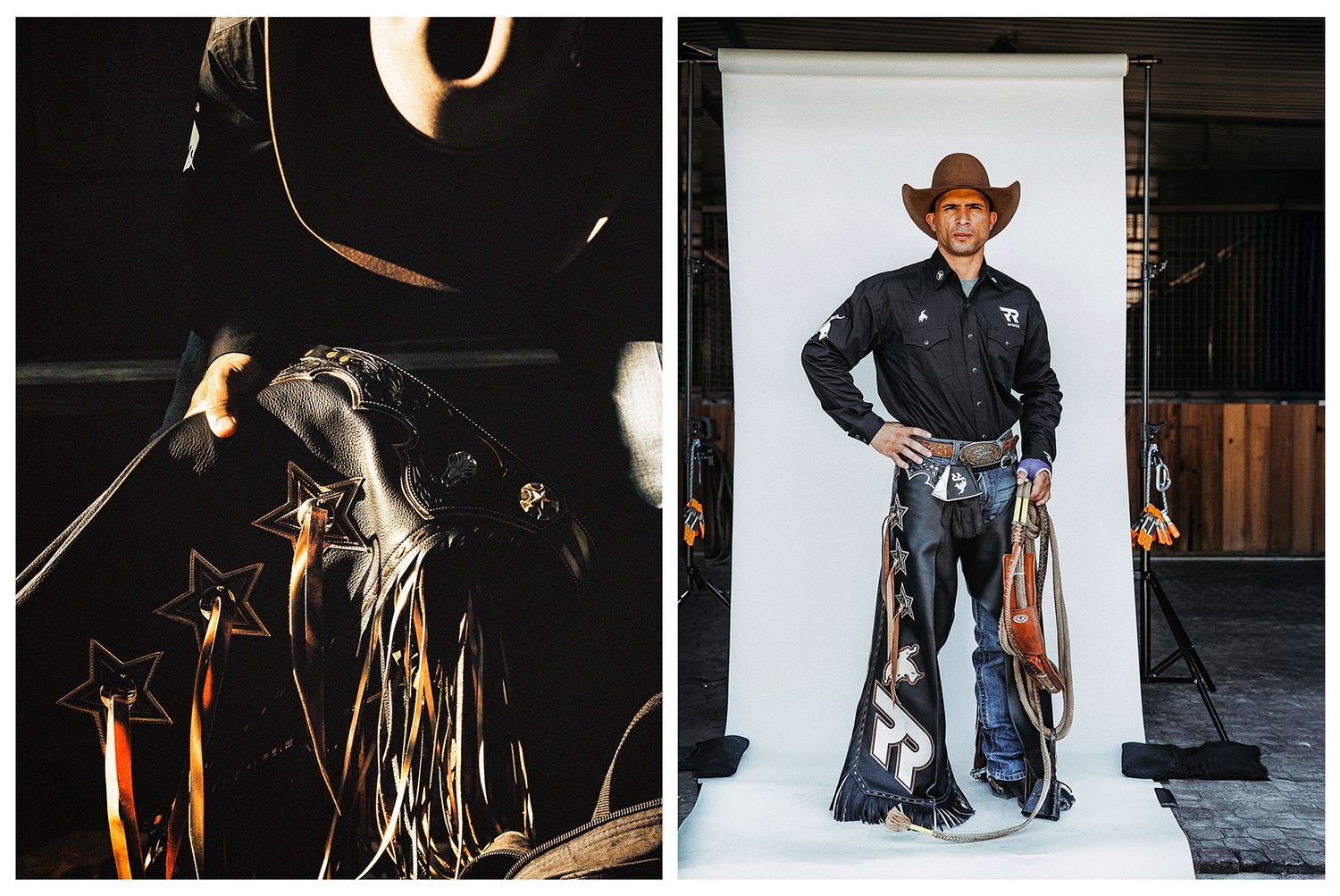 Bull rider folding chaps and a bull rider wearing black shirt and AZ Ridge Rider chaps photographed by Chris Douglas