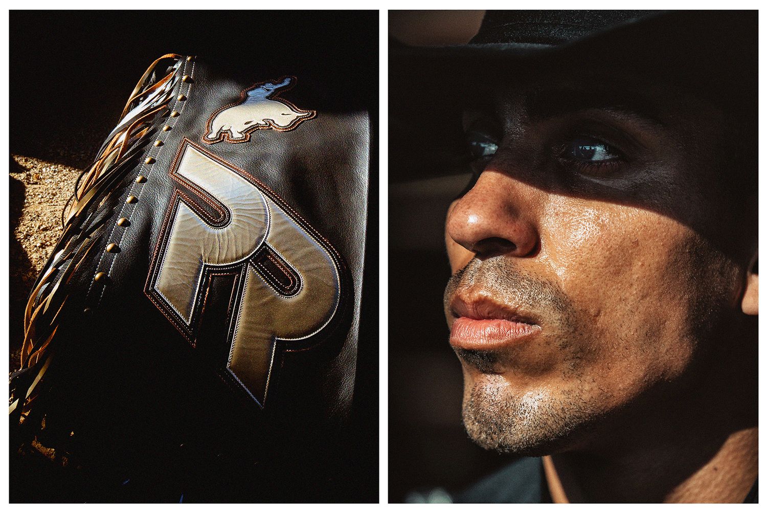 Rodeo chap detail and portrait of a Arizona Ridge Rider professional bull rider photographed by Chris Douglas