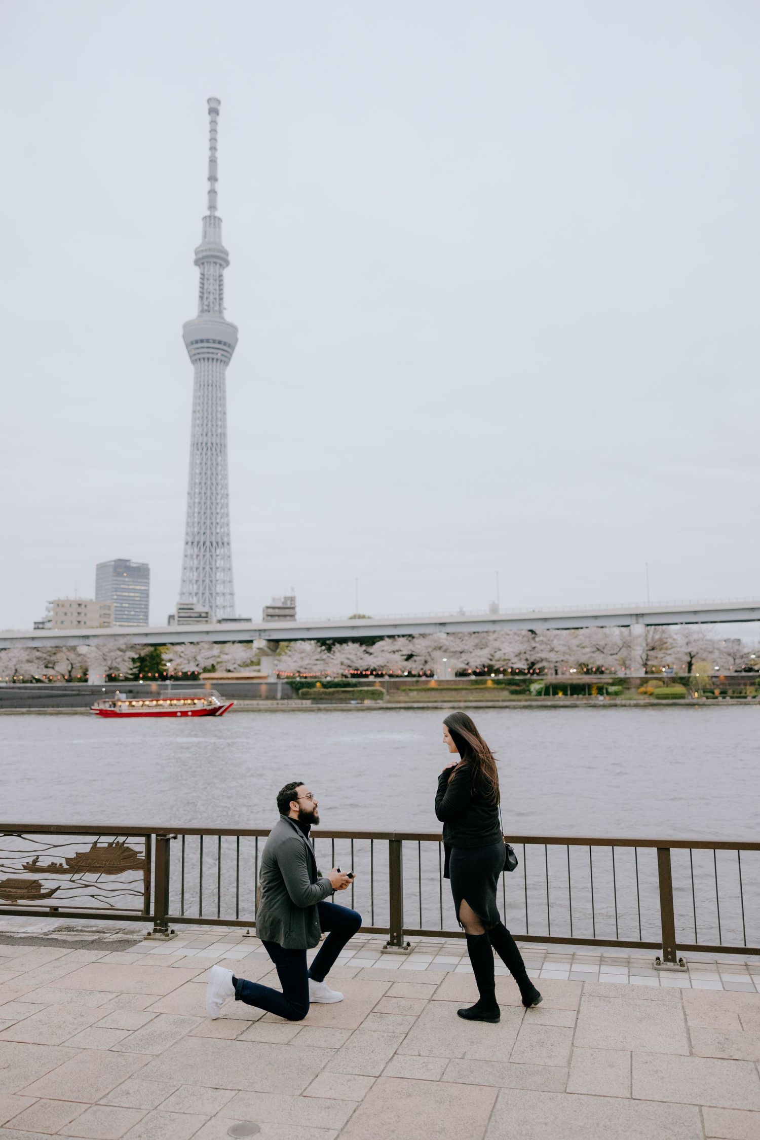 A romantic proposal moment along the riverside with Tokyo Skytree and cherry blossoms in the background.