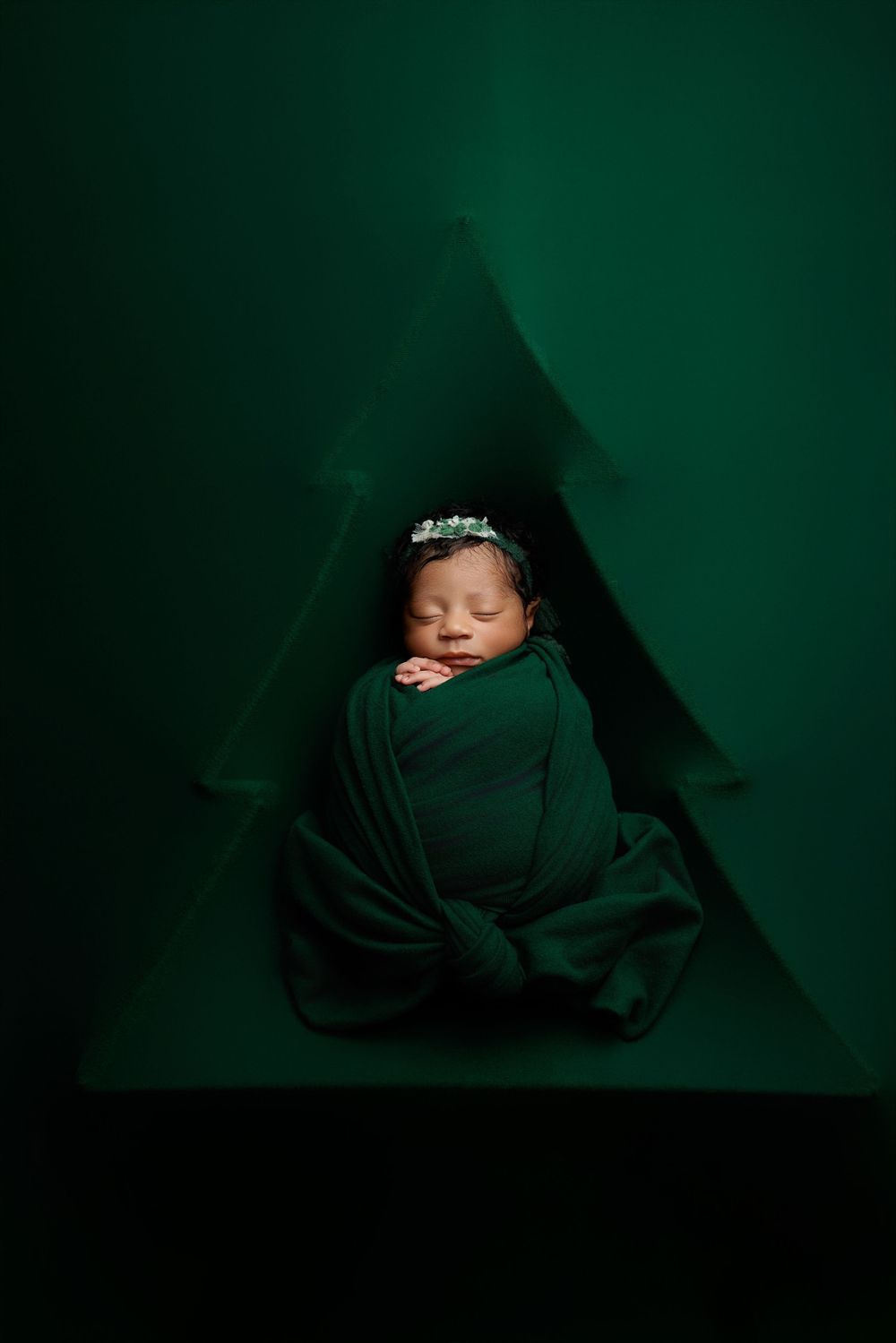 A sleeping newborn wrapped in emerald green fabric against a dark green backdrop with a delicate crown headpiece.