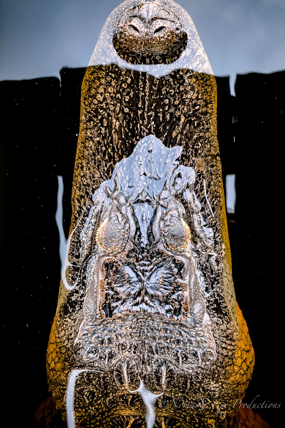 Close-up photograph of ice crystals forming symmetrical patterns on amber glass.