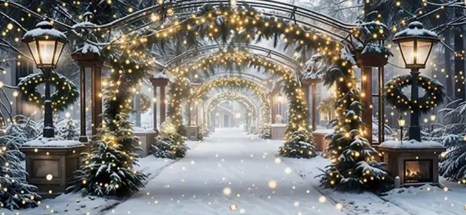 Enchanting illuminated stone archway with decorated Christmas trees and lanterns in a snowy winter wonderland setting.