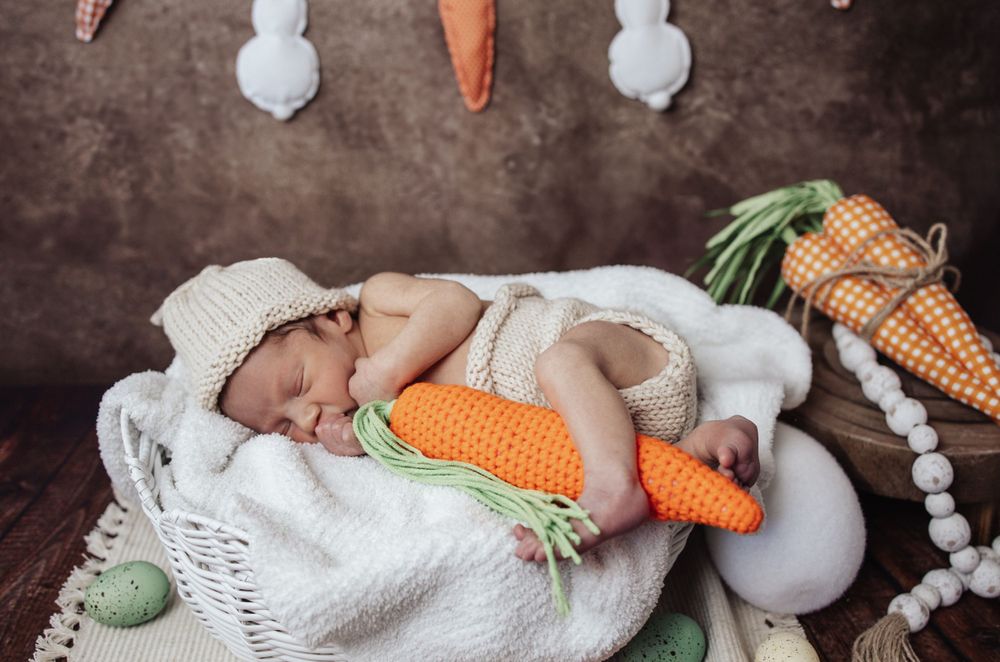 A sleeping newborn in a knitted bunny costume rests in a basket surrounded by carrot decorations and white pom pom garland.