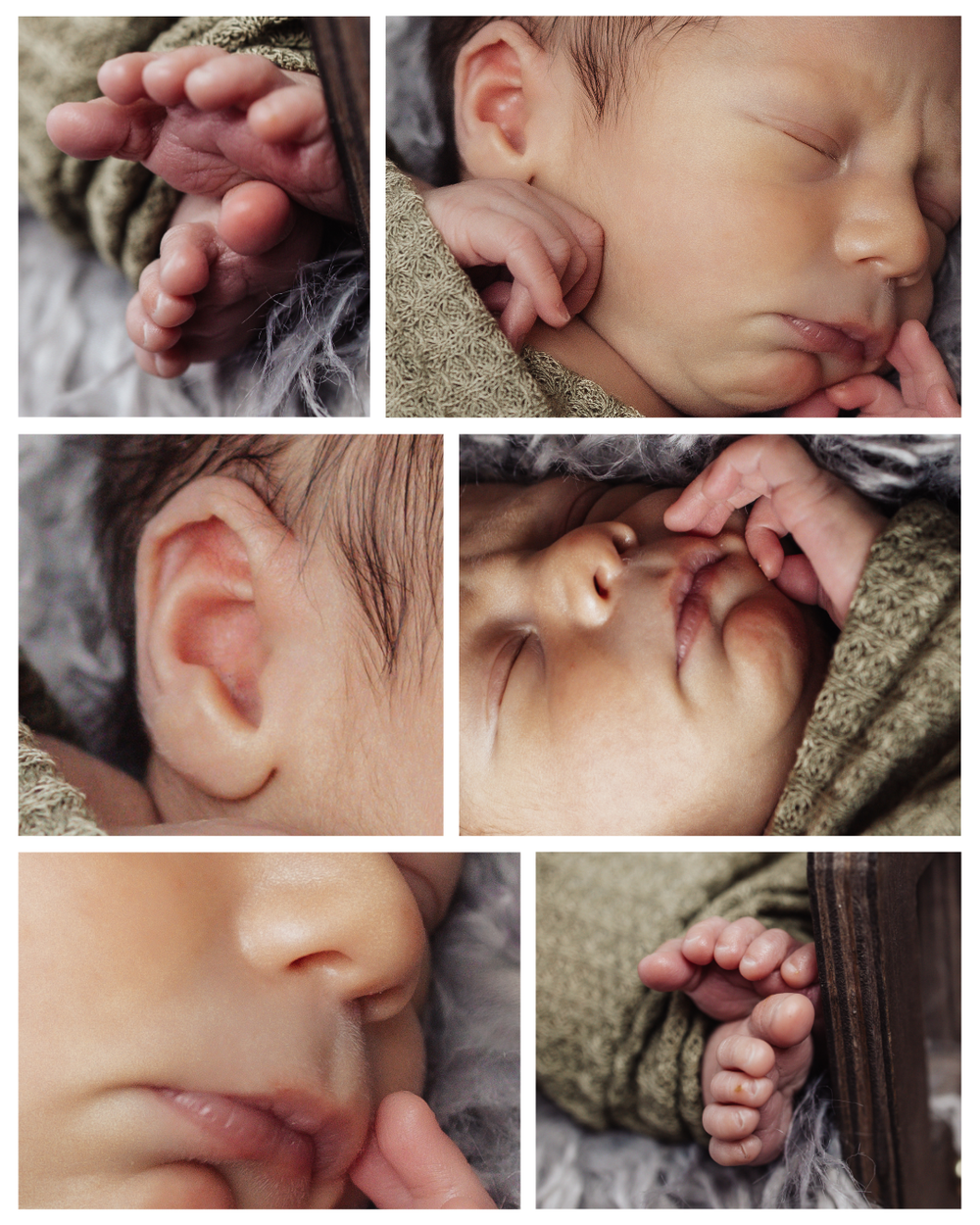 Collection of macro closeup photographs showing delicate details of a sleeping newborn including tiny fingers and toes.