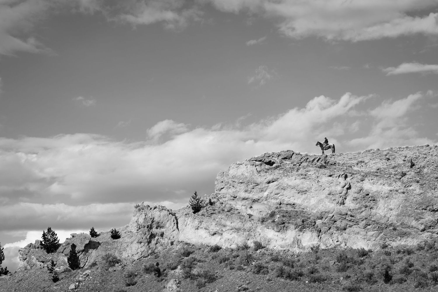 A silhouetted figure on horseback stands atop a rocky ridge against a dramatic black and white sky.