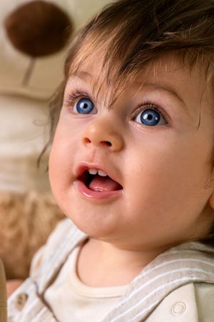 A warm-toned close-up photo series showing bright blue eyes and joyful expressions.