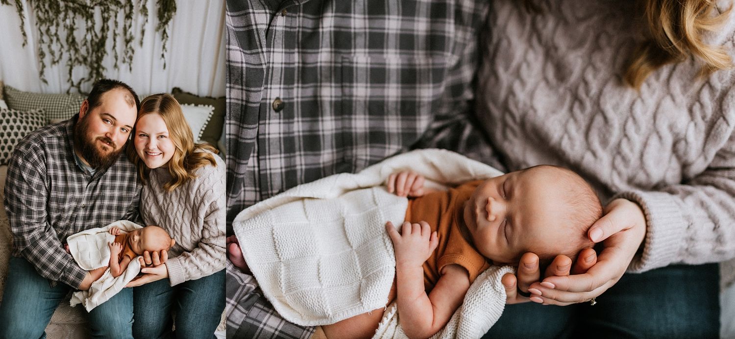 A series of black and white checkered photos showing tender family moments on a couch.
