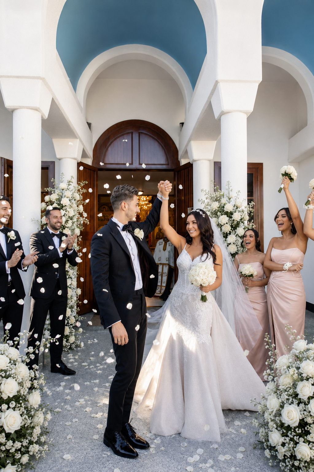 Joyful newlyweds raising hands as guests shower them with white petals outside an elegant arched venue.