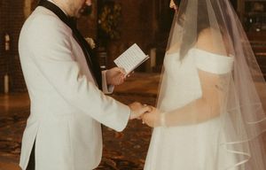 A sequence of wedding photos shows a couple reading their vows and sharing a tender moment in an outdoor setting.