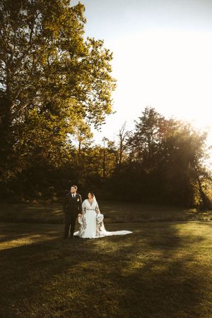 A couple in wedding attire stands in a sunlit field during golden hour.