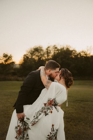 A series of sunset wedding photos showing a couple embracing in a golden field.