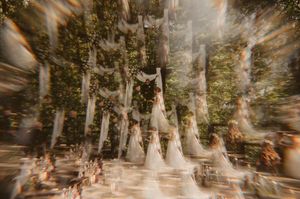 A dreamy multiple exposure photograph shows a bride and groom in a sunlit forest setting with ethereal overlapping effects.