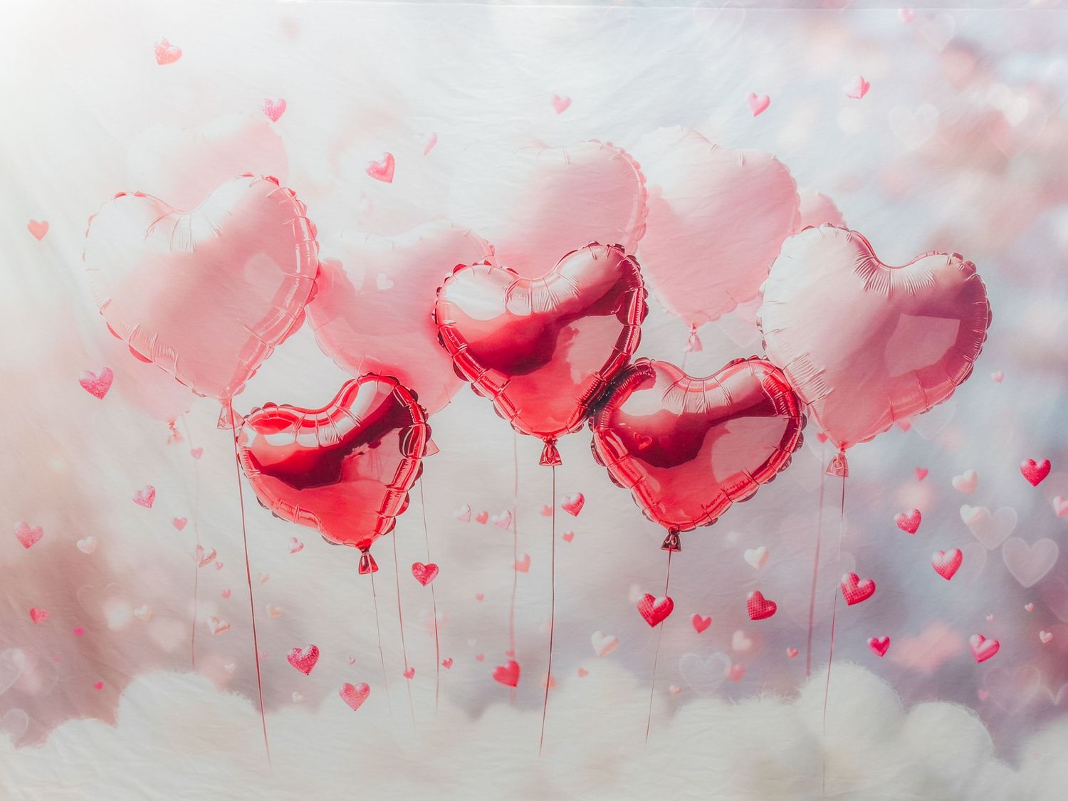 Pink heart shaped balloons floating against a dreamy cloudy sky background.