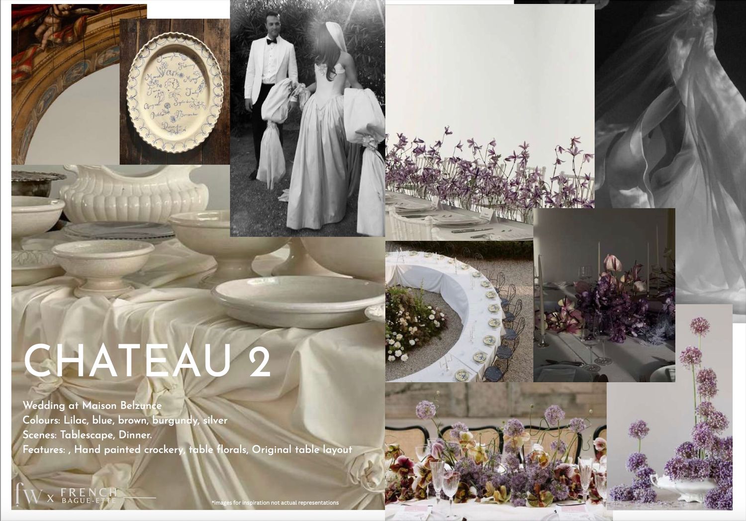 Elegant wedding photo collage featuring bridal gowns, floral arrangements, and romantic decor in soft neutral tones.