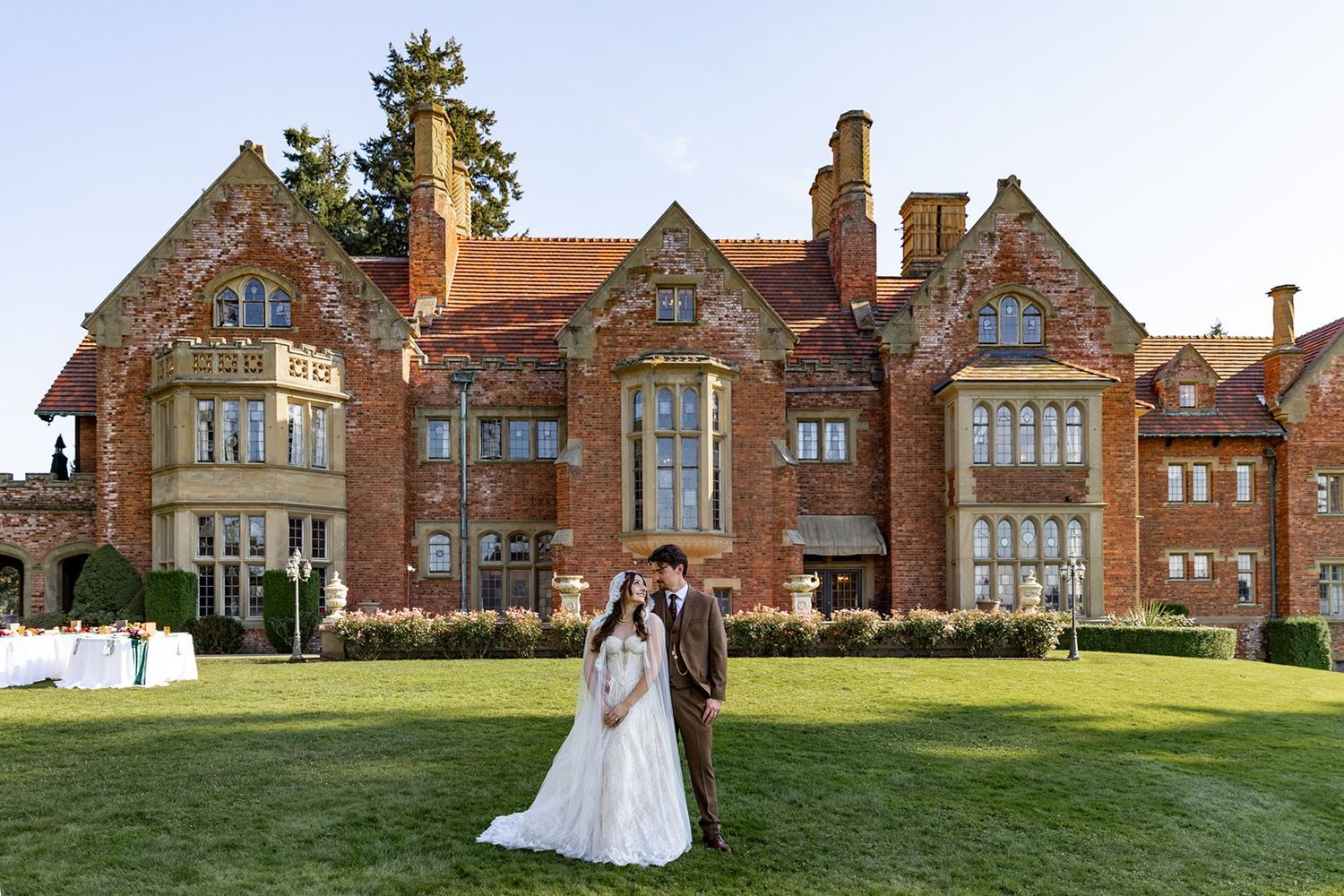 Bride and groom in the Thornewood Castle Wedding Outdoor Reception area