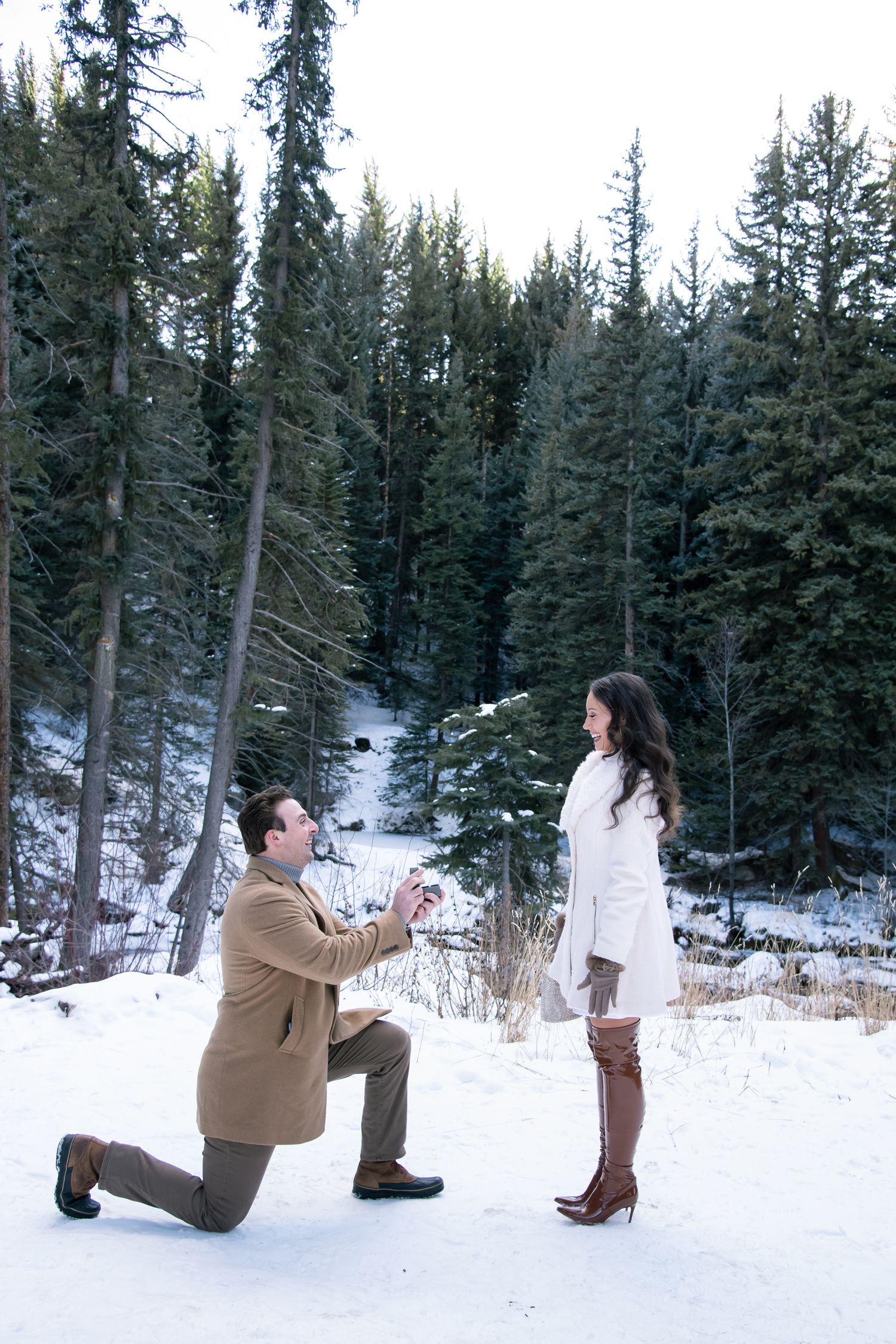 A romantic winter proposal scene in a snowy forest with evergreen trees and fresh powder on the ground in Vail Colorado.