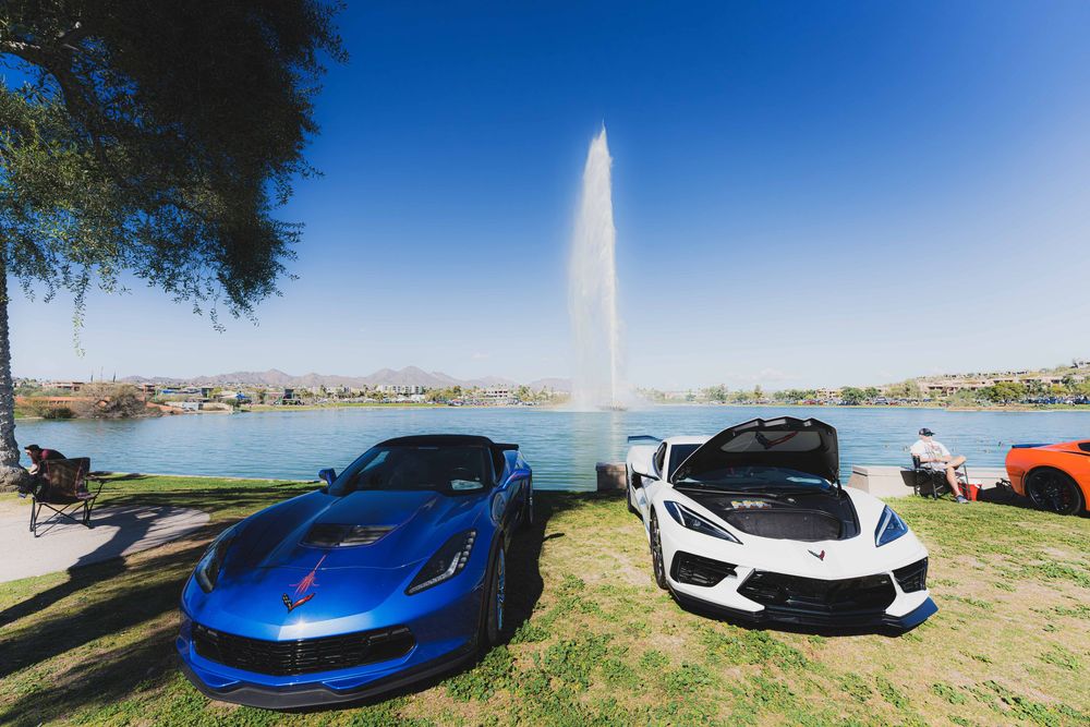 Sports cars parked on grass overlooking a lake with a tall water fountain in the background on a sunny day.