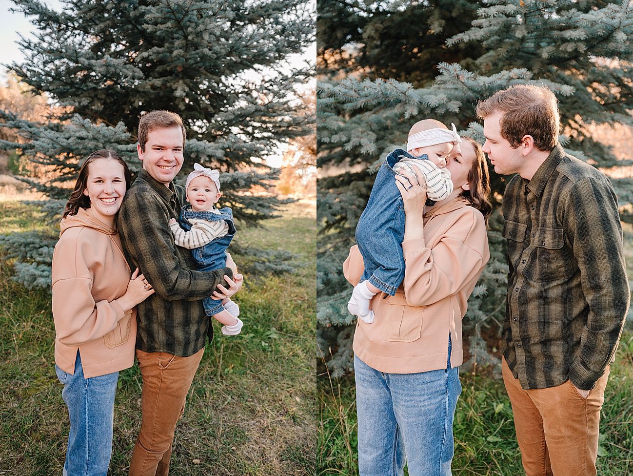 A series of candid outdoor photos showing a couple sharing playful moments together near evergreen trees at sunset.