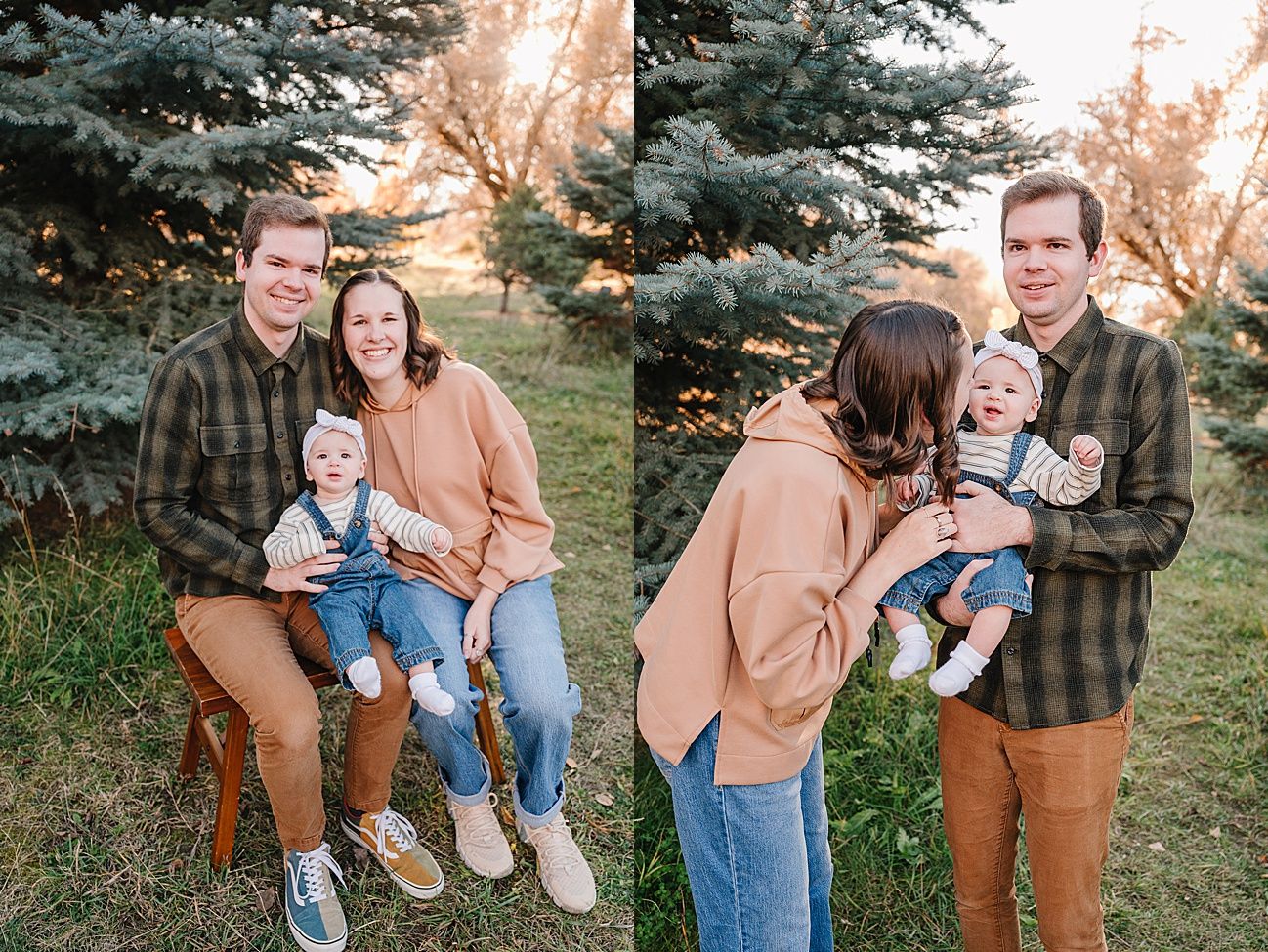 A family in coordinated fall outfits poses together near blue spruce trees during a sunset photo session.