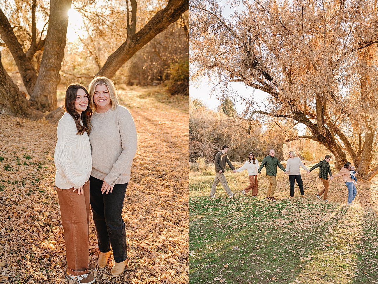 Two people pose together under autumn trees during golden hour with warm fall colors and sunlight filtering through branches.