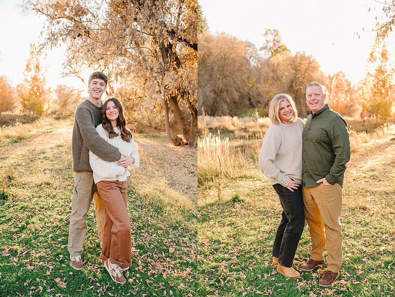 A couple embraces in a golden autumn field during sunset while wearing coordinating earth-toned outfits.