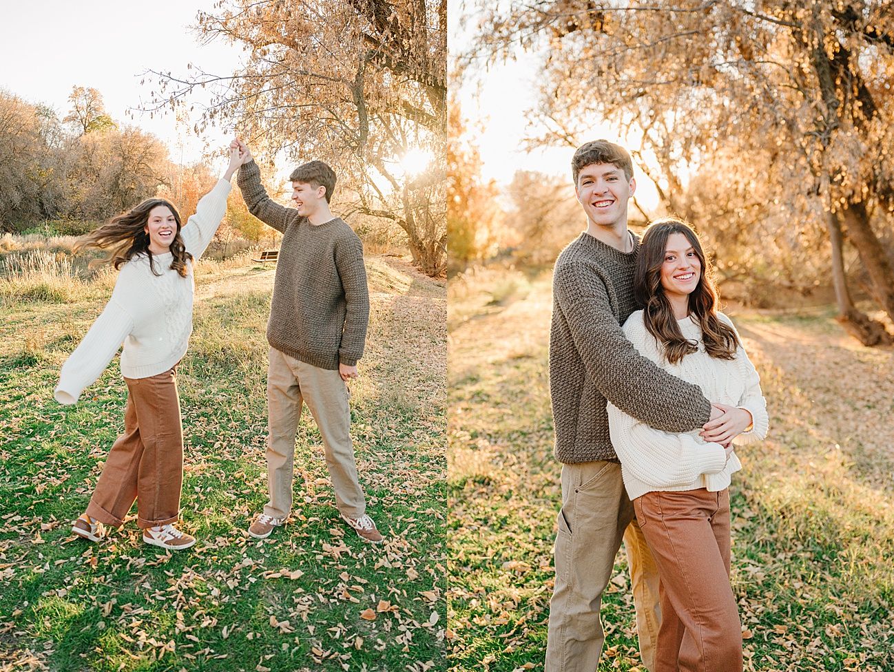 A couple embraces in a sun-drenched autumn field with golden light filtering through trees during a romantic photoshoot.