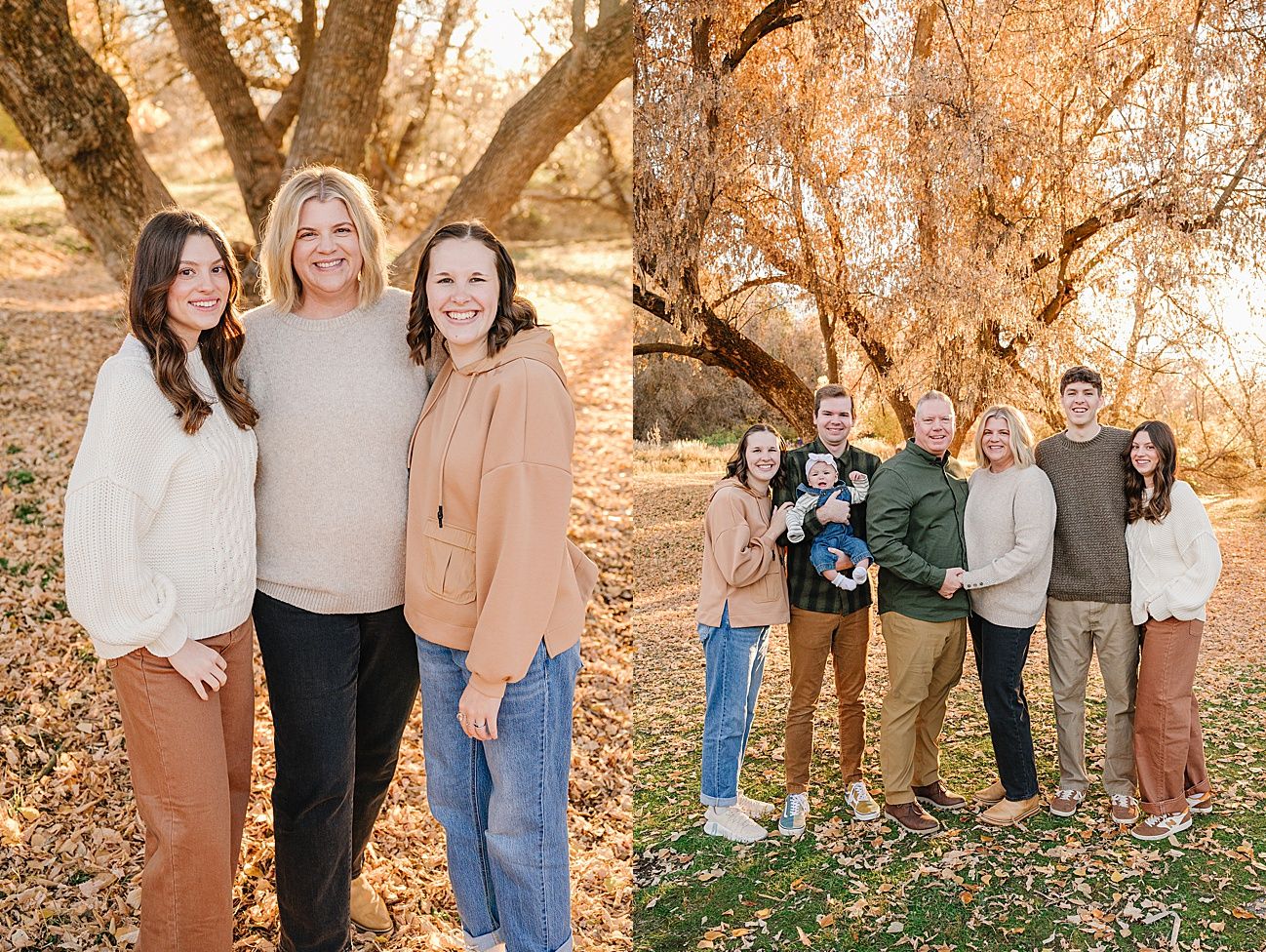 A group of people standing together outdoors in autumn with fallen leaves and golden sunlight filtering through trees.
