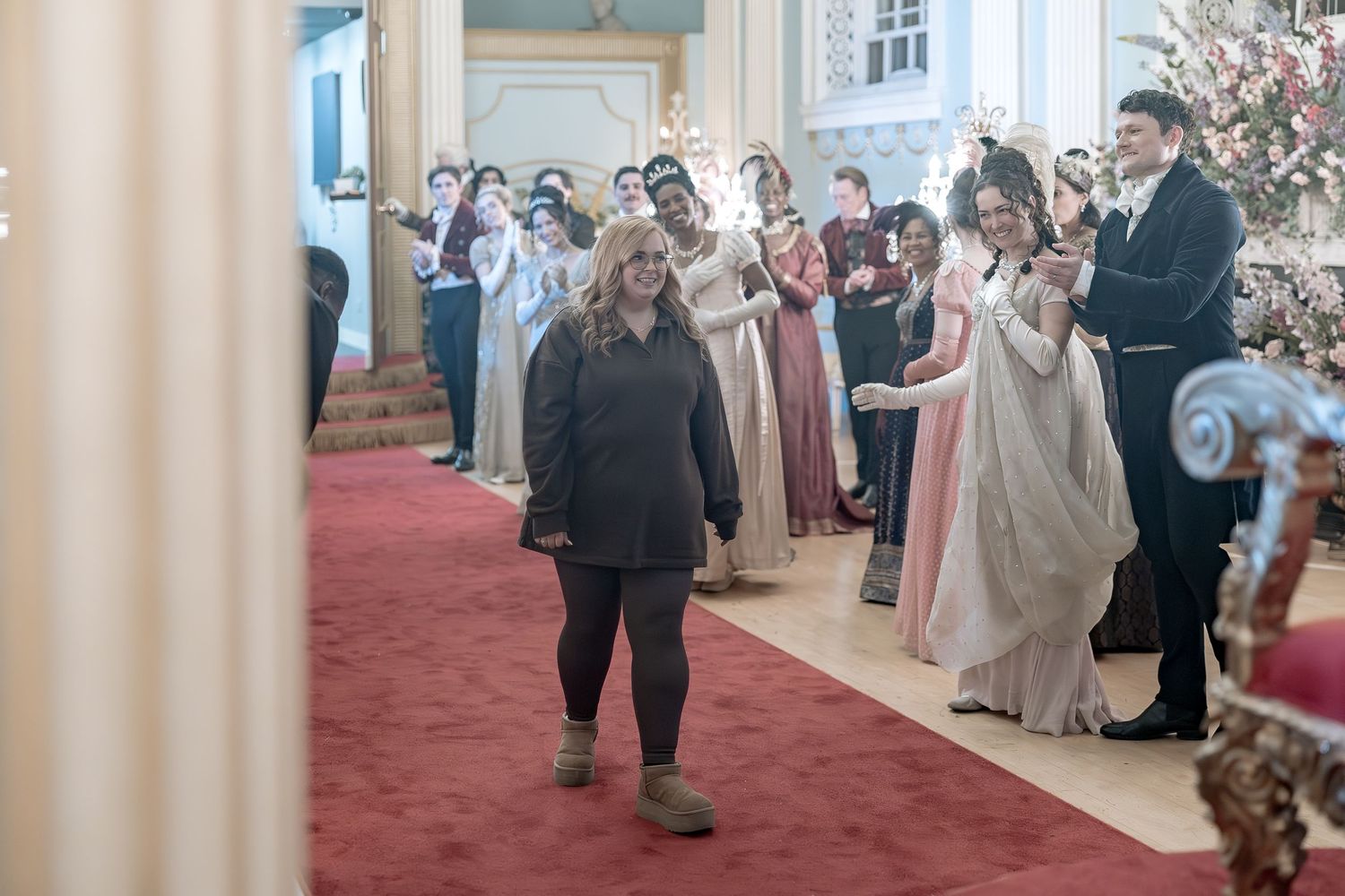 Bridgerton at Newark Town Hall in Nottinghamshire, photographed behind the scenes for the Netflix production. Lady Sarah entrance.