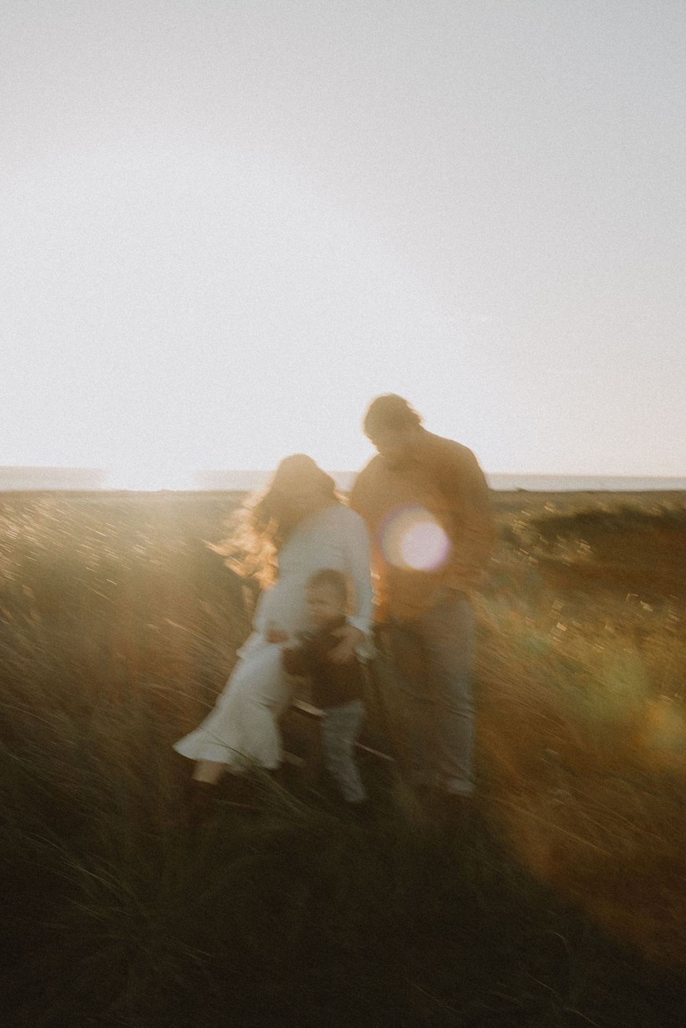 Silhouettes of people walking together in a field during golden hour with sun flare creating a dreamy atmosphere.