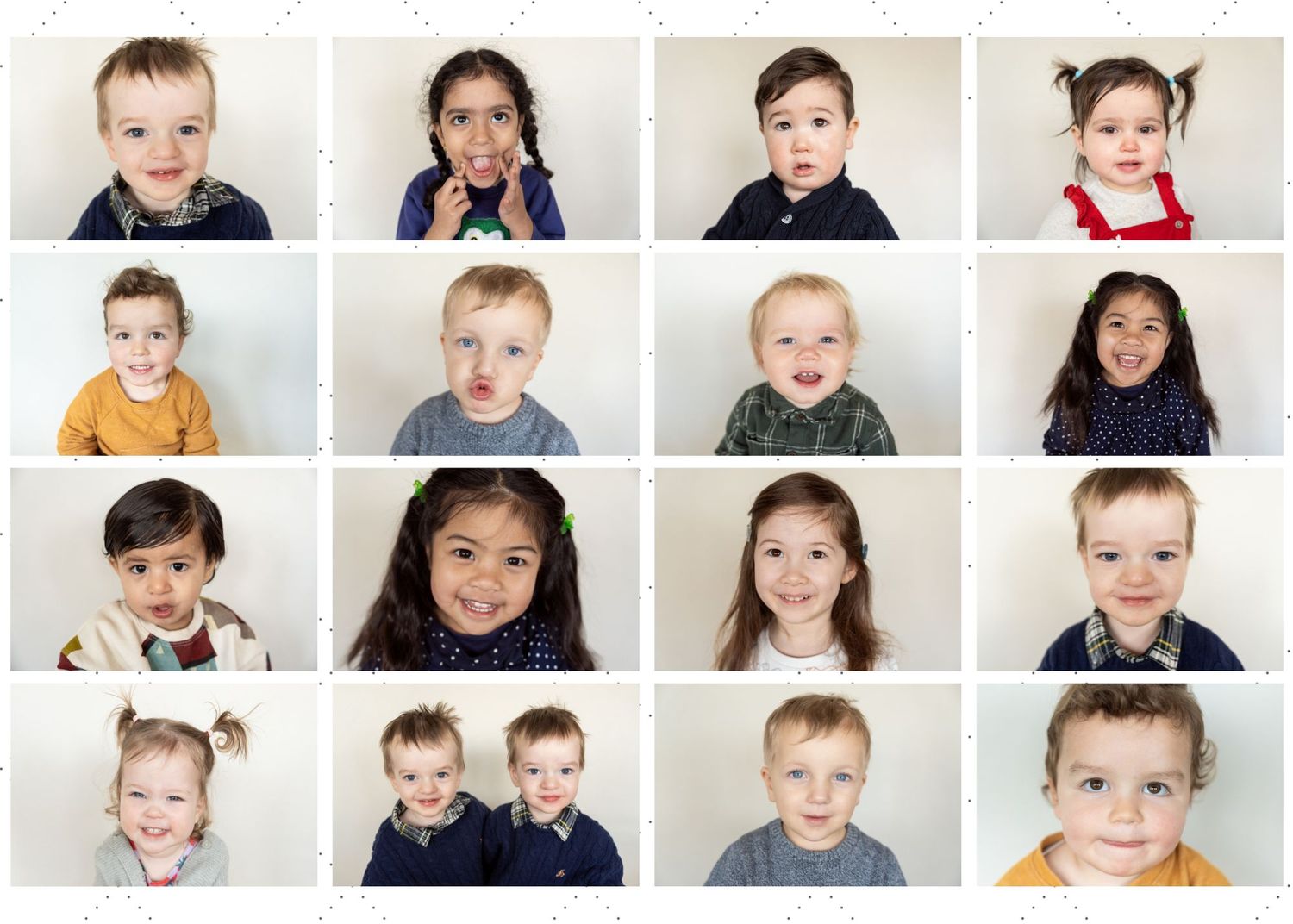 A photo collage grid showing multiple candid portraits of children in casual settings with various expressions and poses.