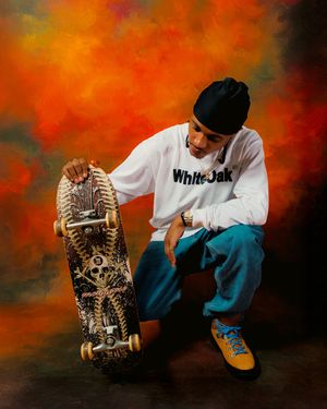 A sequence of four artistic skateboard photos showing tricks and poses against a vibrant orange and black backdrop.