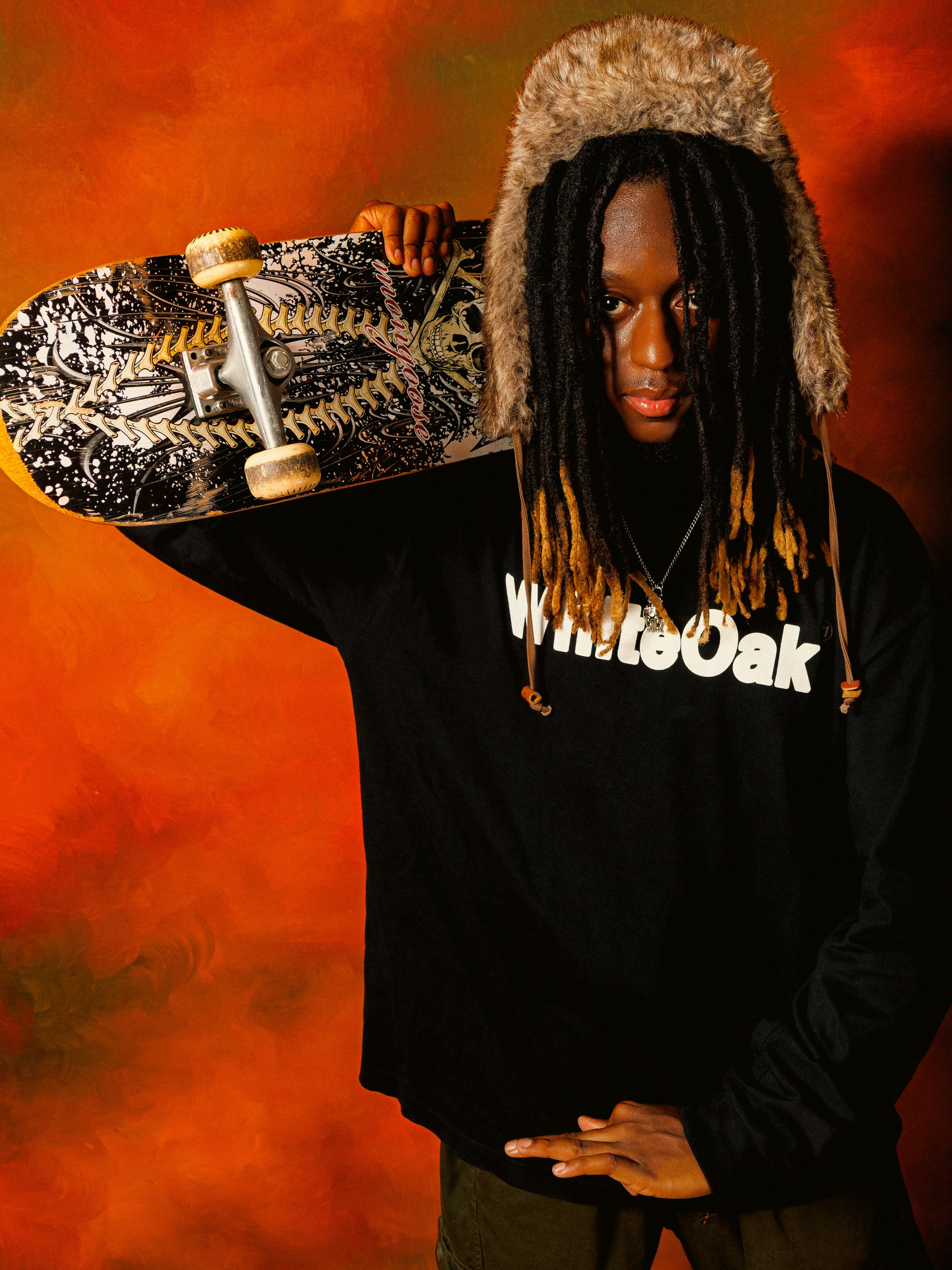 A skateboarding sequence showing progressive motion against a dramatic red and black background.