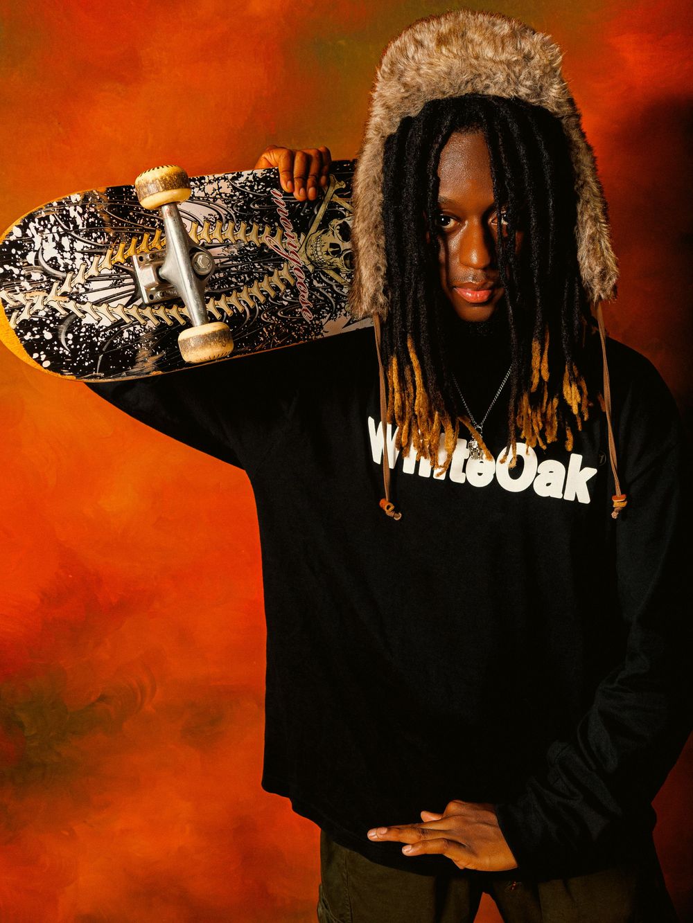 A skateboarding sequence showing progressive motion against a dramatic red and black background.