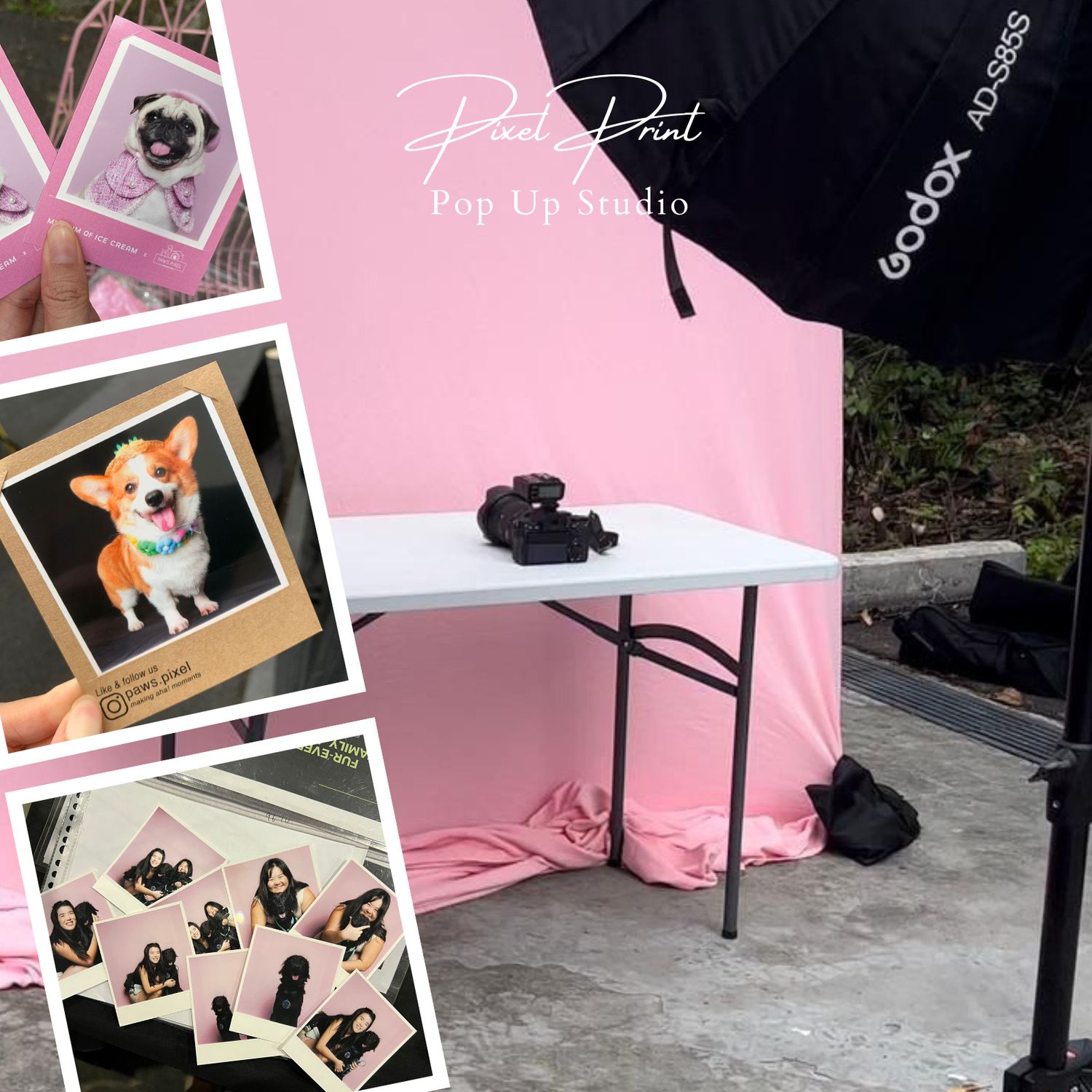Pink photo studio setup with folding table and photography equipment.