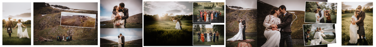 Collection of intimate wedding moments captured in rural settings at sunset in the mountains of scotland.