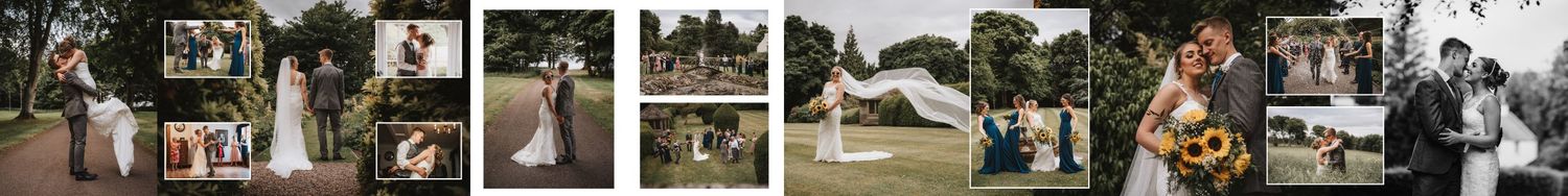 Series of romantic outdoor wedding photographs at Elsick House Aberdeenshire displayed in collage format .