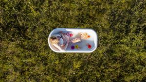 drone view of maternity claw foot tub milk bath with fresh floating flowers