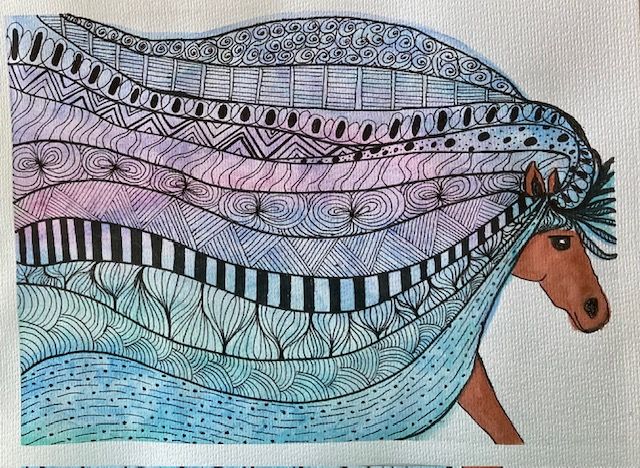 Zentangle-style horse illustration with flowing mane made of decorative patterns in pastel colors.