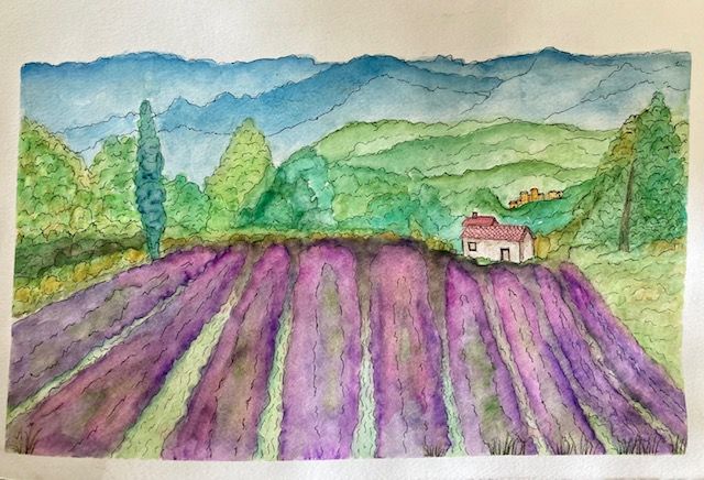 Watercolor landscape of a lavender field with mountains and a small house in the background.