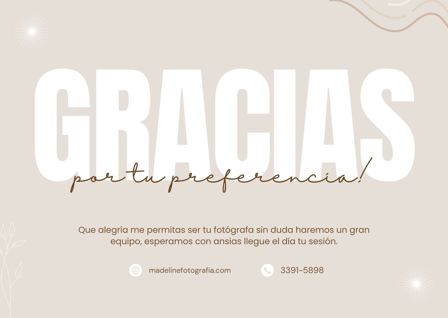 White text saying Gracias on beige background with cursive script.