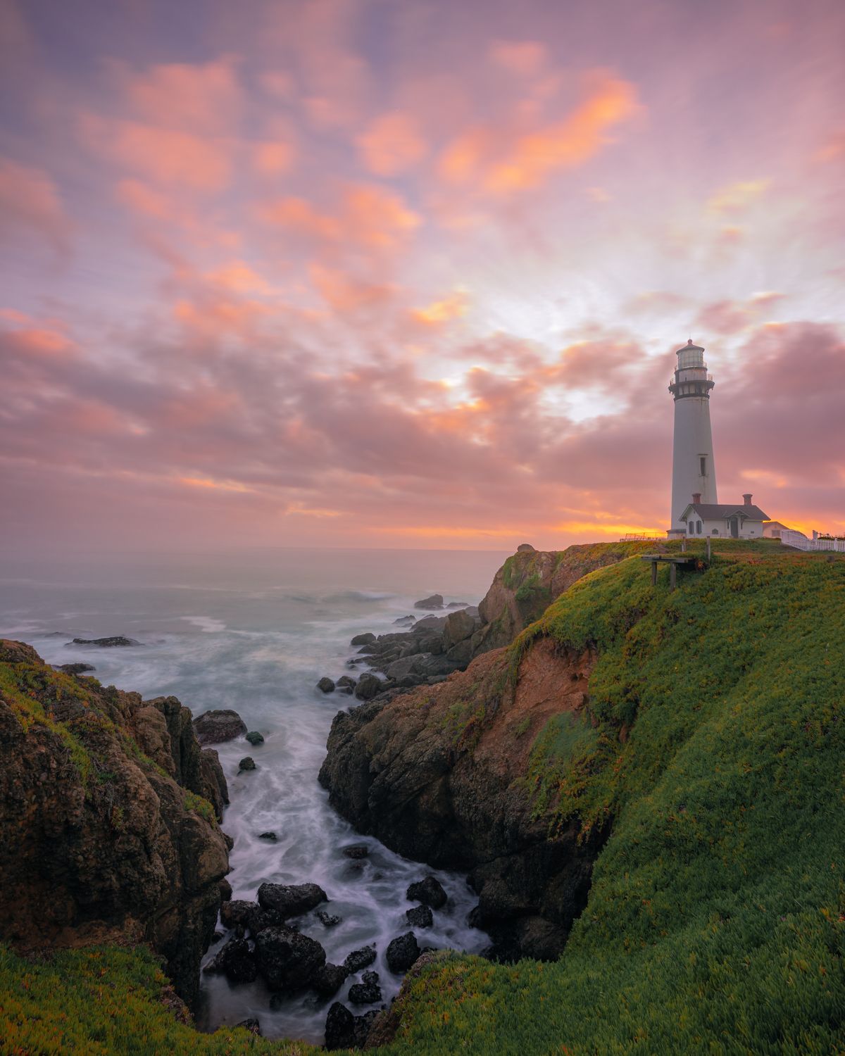 Dramatic sunset sky over a coastal lighthouse perched on rocky cliffs above crashing waves.