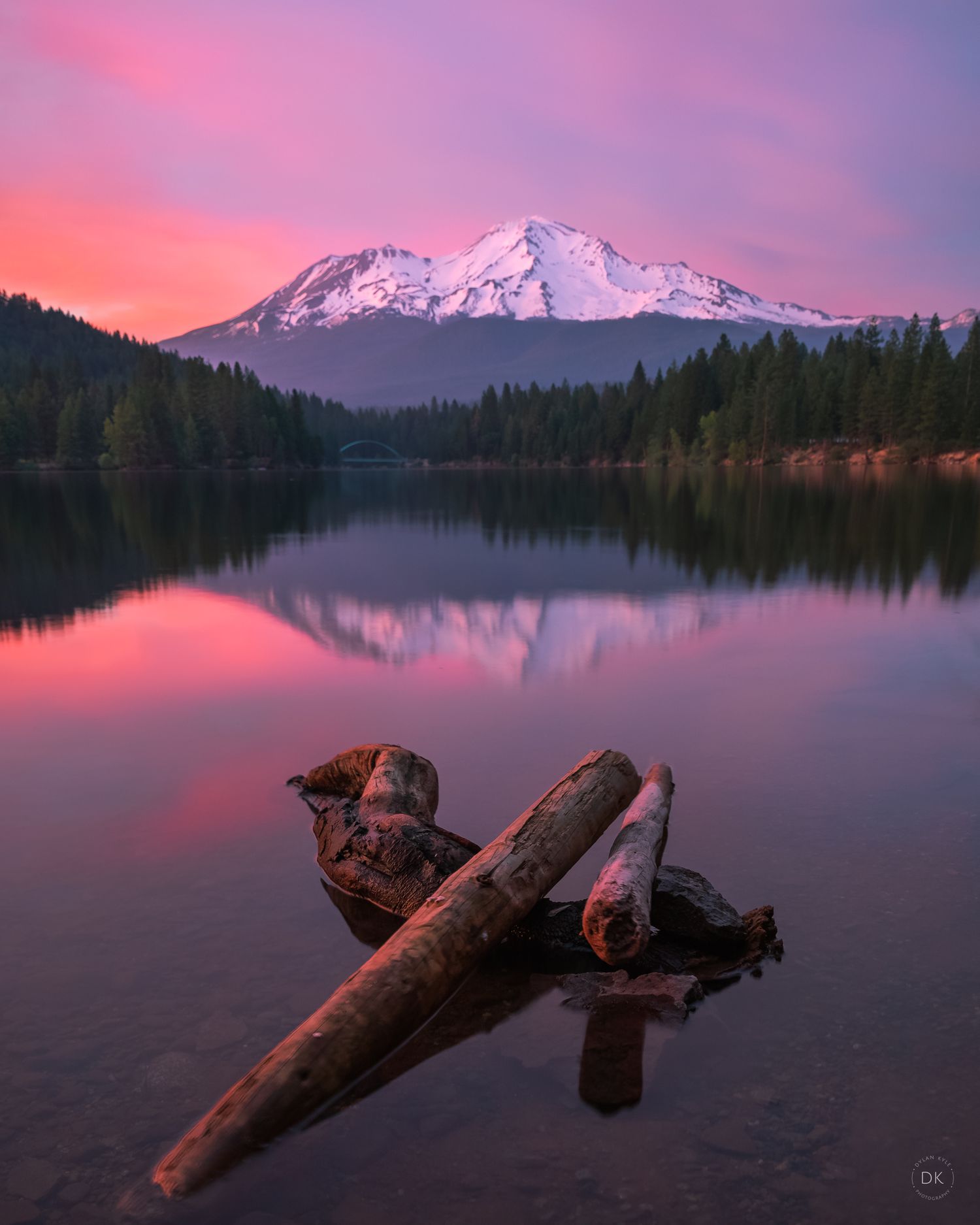Snowy Mount Rainier reflects in a calm lake at sunset with driftwood in the foreground under pink and purple skies.